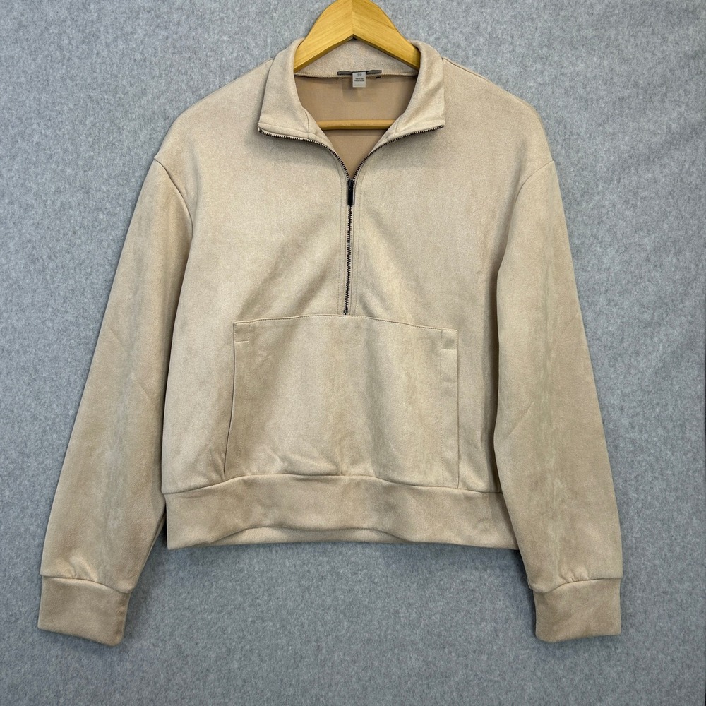 Tahari Faux Suede Quarter Zip Pullover Tan Beige Neutral Capsule Women Small